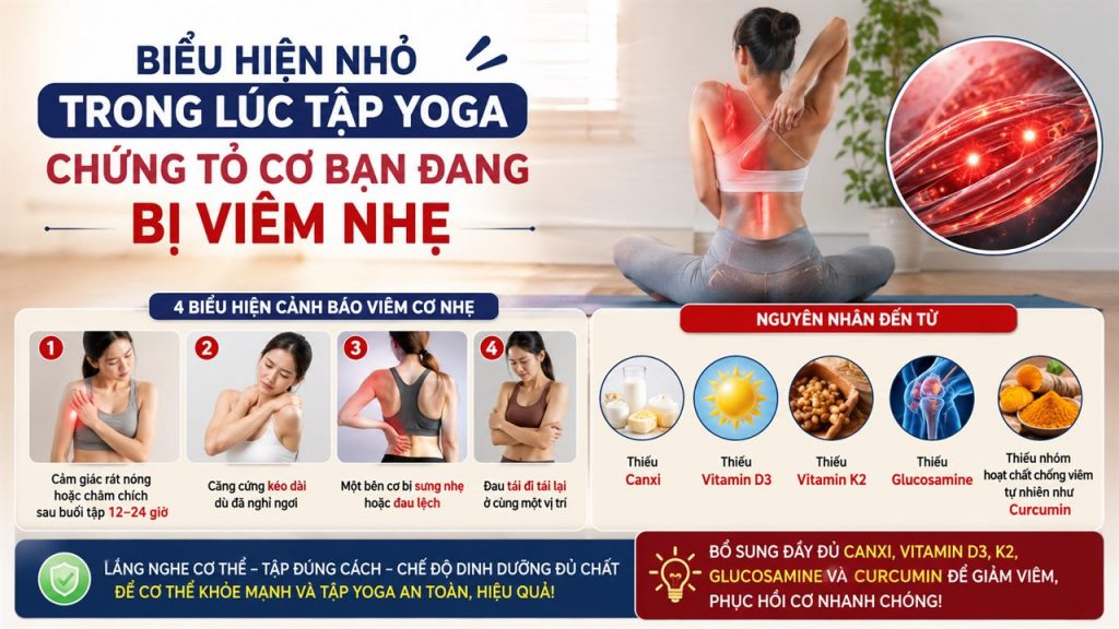 4 biểu hiện nhỏ khi tập Yoga cảnh báo cơ đang bị viêm nhẹ và các nhóm dưỡng chất canxi, vitamin D3, K2, glucosamine, curcumin giúp phục hồi cơ khớp