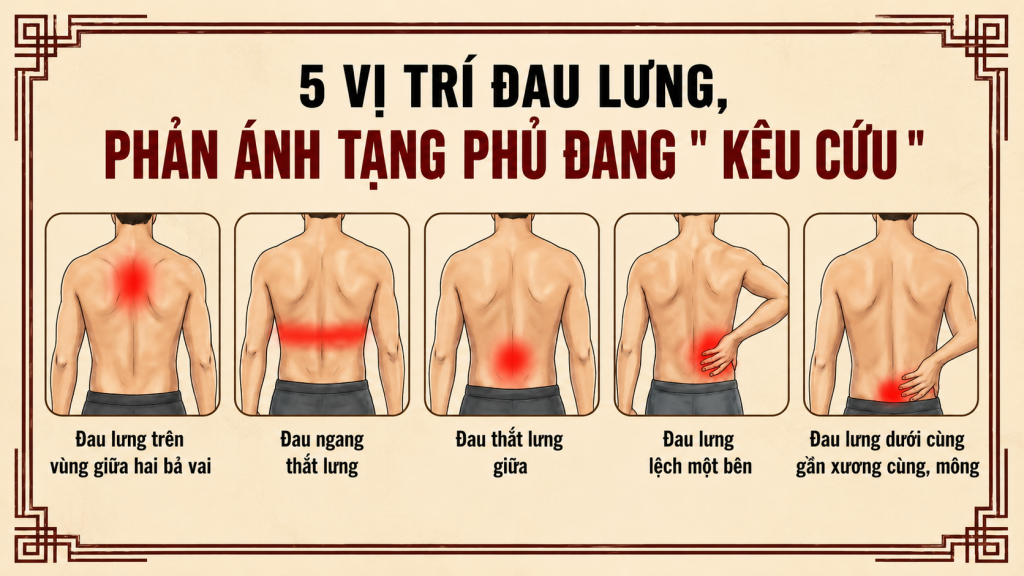 Infographic 5 vị trí đau lưng phản ánh tạng phủ đang kêu cứu — dấu hiệu cảnh báo nội tạng cần đi khám sớm T.Kim Yoga