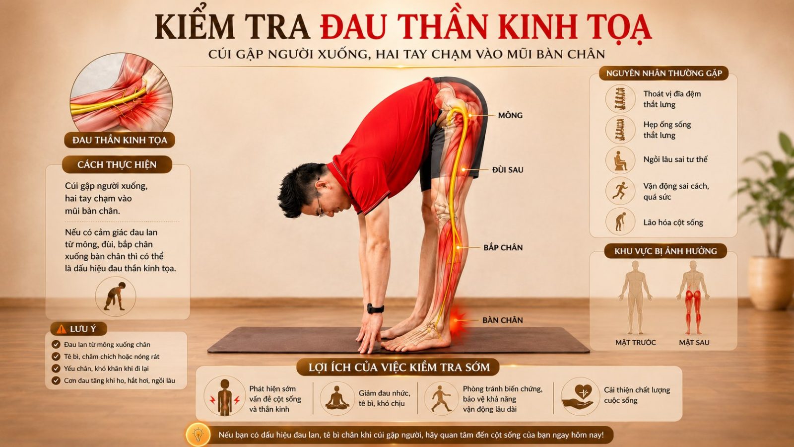 4 Dấu Hiệu Cảnh Báo Đau Thần Kinh Tọa Và Cách Tập Yoga Đúng Cách 8 Cách tự kiểm tra đau thần kinh tọa tại nhà bằng động tác cúi gập chạm mũi bàn chân