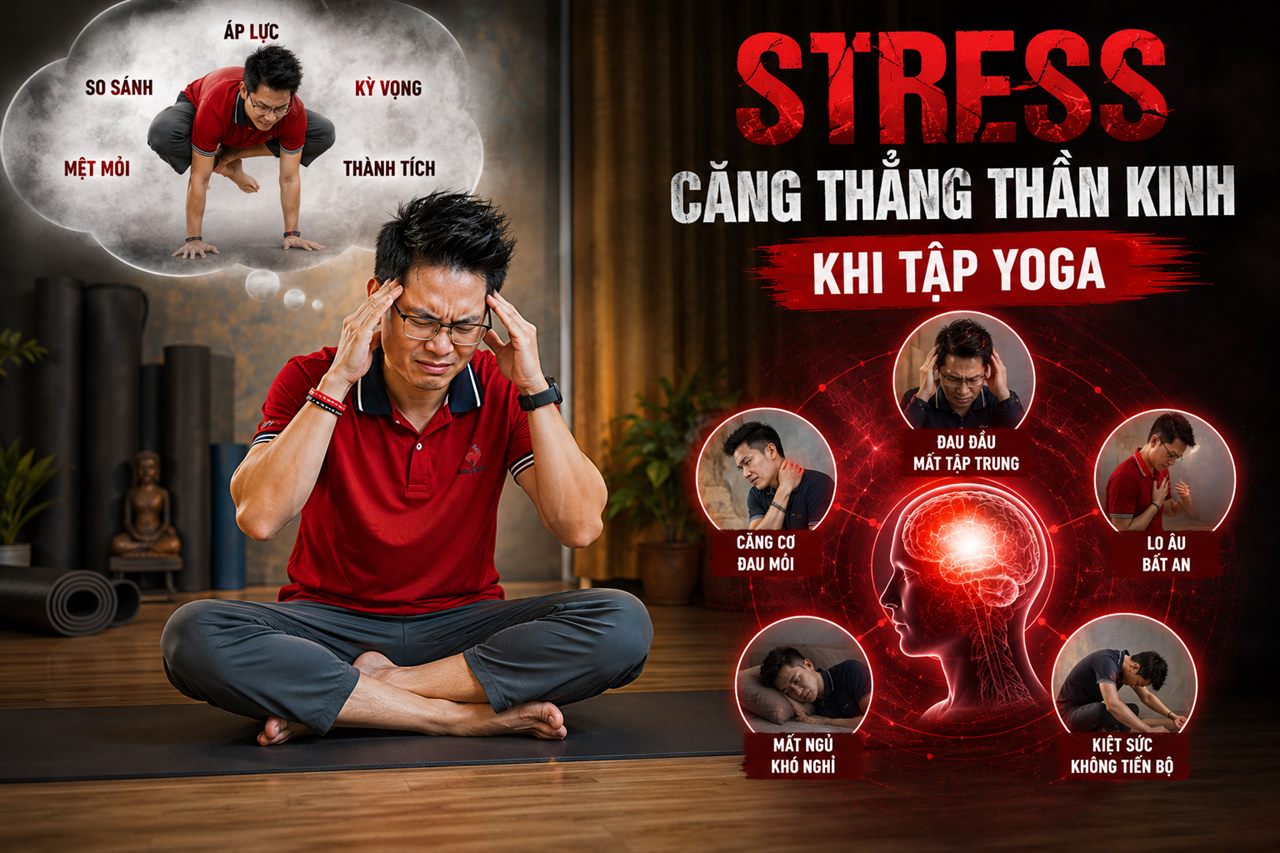 5 Kiểu Căng Cứng Khiến Bạn Tập Yoga Nhiều Năm Vẫn Không Dẻo 8 Minh hoạ căng thẳng thần kinh khi tập Yoga: áp lực thành tích, so sánh, kỳ vọng khiến cơ thể siết chặt, đau đầu mất tập trung, lo âu, khó ngủ