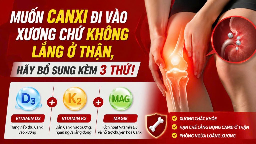 Infographic muốn canxi đi vào xương không lắng ở thận — 3 vi chất D3 K2 Magie phải đi kèm cho xương khớp khoẻ T.Kim Yoga