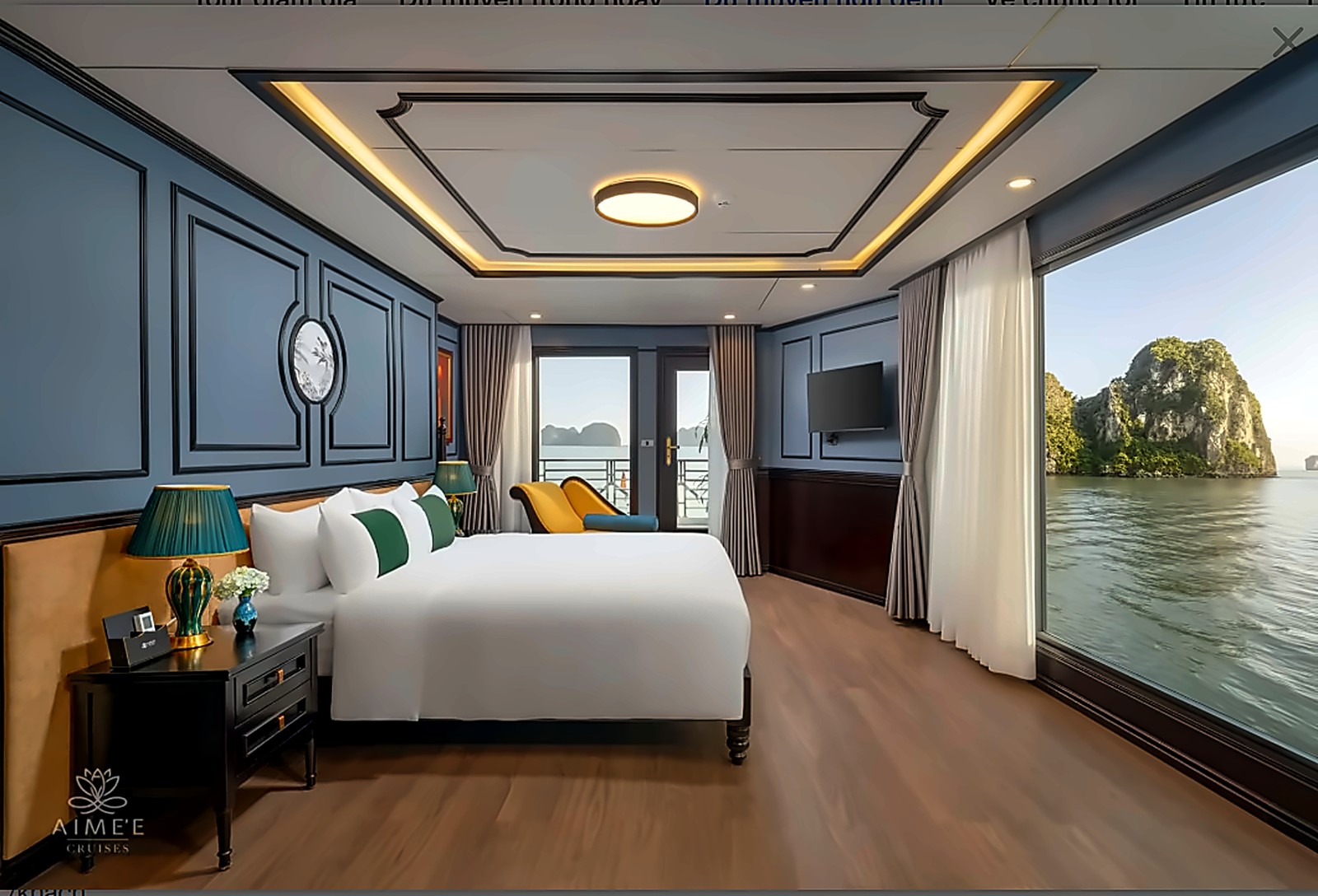CHẠM 2026 — Lịch Trình 3 Ngày 2 Đêm Tại Hải Phòng Mừng 15 Năm T.Kim Yoga 38 Cabin du thuyền Vịnh Lan Hạ với view núi đá vôi qua cửa sổ lớn - không gian nghỉ dưỡng cao cấp