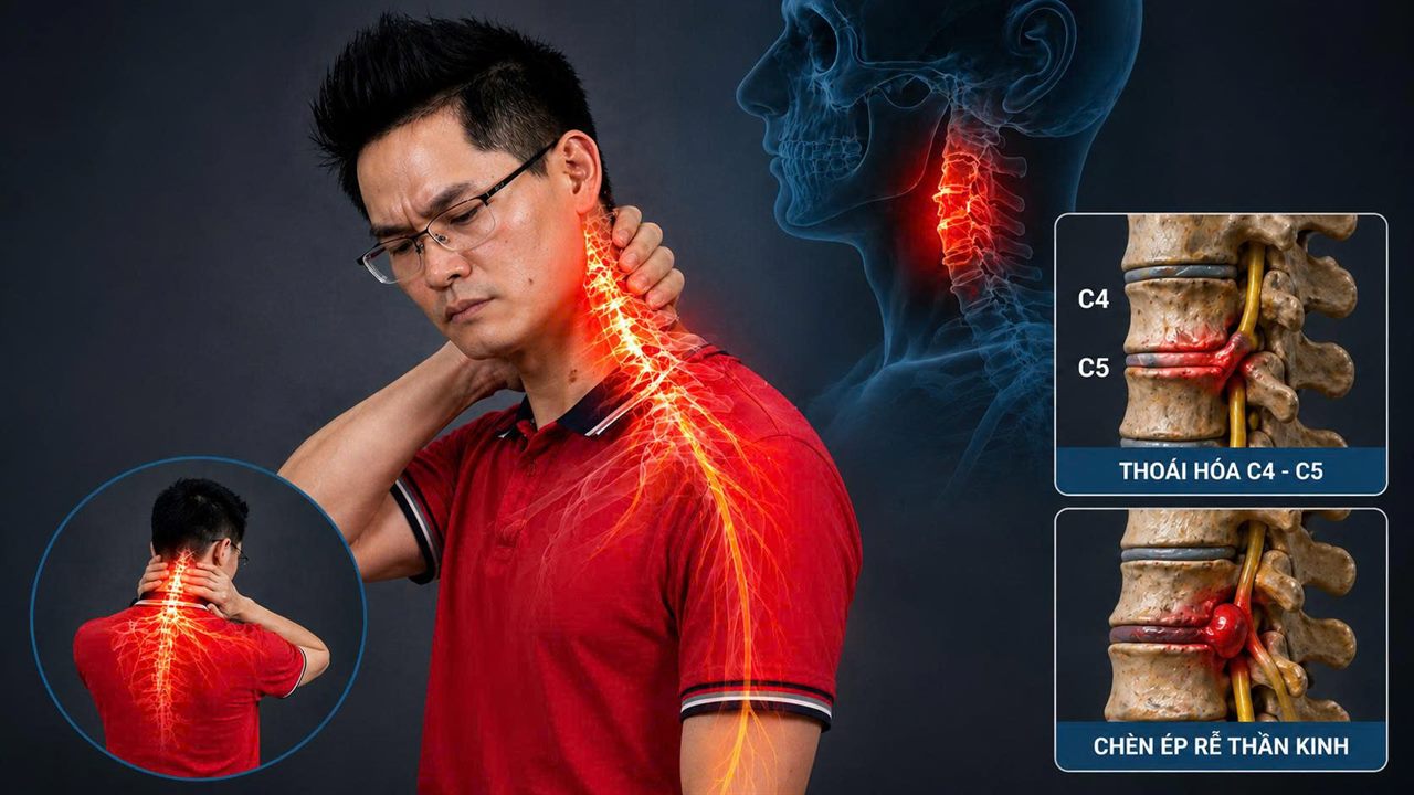 Thoái hóa C4-C5 chèn ép rễ thần kinh khiến cơn đau lan từ cổ xuống cánh tay và tê tay
