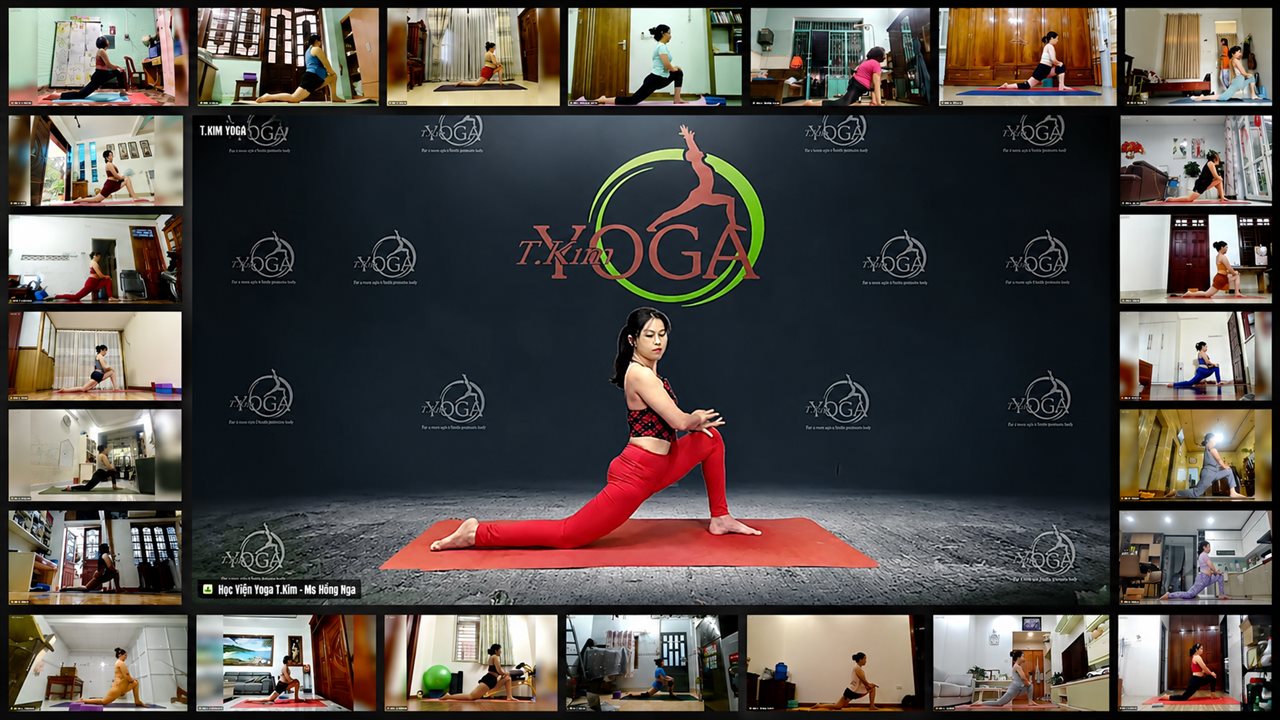 Hành Trình 4 Năm Bền Bỉ Cùng Lớp Yoga Online T.Kim — Đau Lưng & Tê 4 Chi Cải Thiện Rõ Rệt Mỗi Ngày 9 HLV Hồng Nga của Học viện Yoga T.Kim Việt Nam hướng dẫn buổi lớp Yoga phục hồi online qua Zoom cùng hơn 20 học viên từ nhiều địa phương cùng tập tư thế Chiến binh