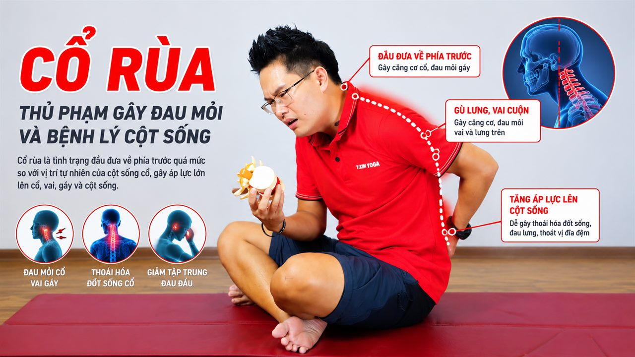 Cổ Rùa: Nhìn Tưởng Xấu Dáng Nhưng Cột Sống Cổ Đang Kêu Cứu 7 Infographic cổ rùa - thủ phạm gây đau mỏi và bệnh lý cột sống: đầu đưa về trước, gù lưng vai cuộn, tăng áp lực lên cột sống cổ
