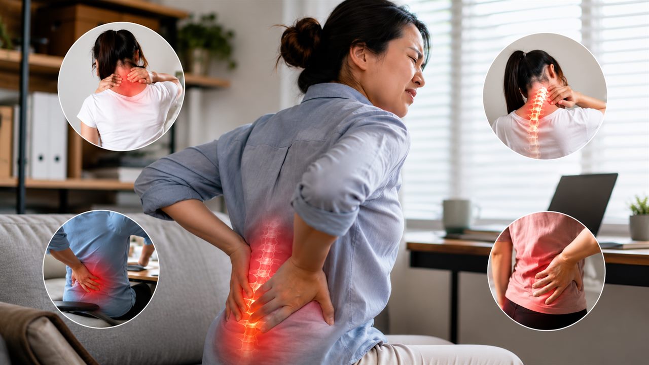 Người phụ nữ ôm vùng thắt lưng đau với các minh hoạ đau lưng, đau cổ vai gáy ở nhiều tư thế sinh hoạt và làm việc
