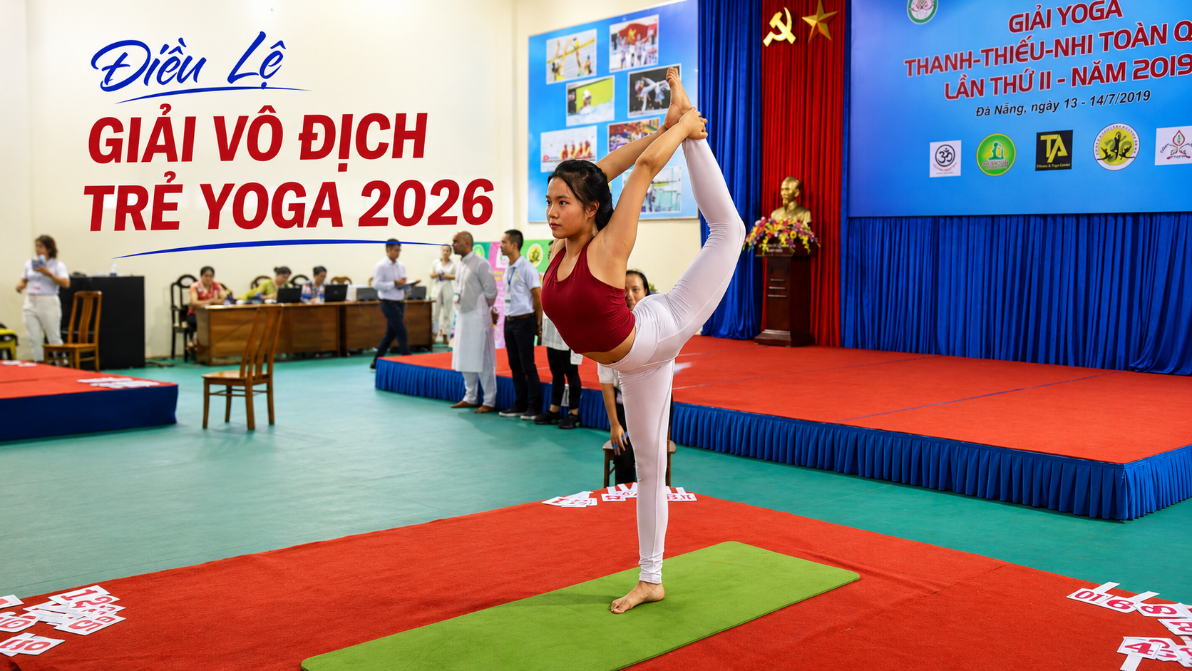 Giải Vô Địch Trẻ Yoga Quốc Gia Lần V Tại Thanh Hoá 25-28/06/2026 — Thông Tin Chi Tiết Điều Lệ 6 Banner Giải Vô địch Trẻ Yoga Quốc gia lần V năm 2026 tại Nhà thi đấu Thể dục Thể thao tỉnh Thanh Hoá — vận động viên nữ trong tư thế Vũ sĩ múa Natarajasana