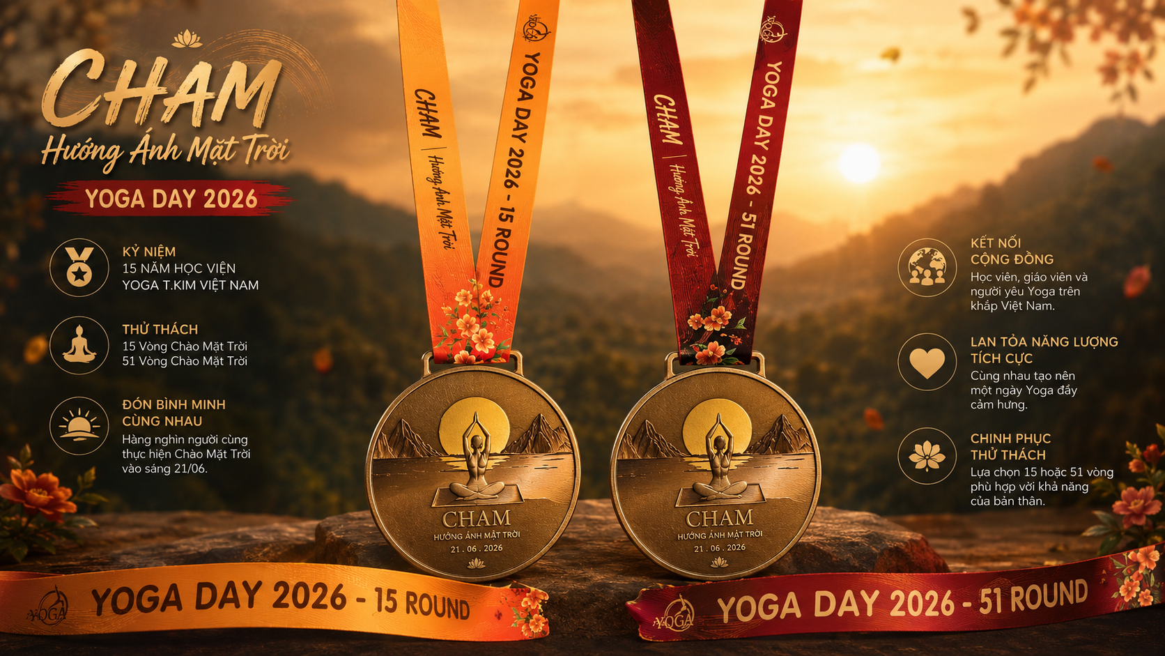 Huy Chương Kỷ Niệm 15 Năm T.Kim Yoga — Phiên Bản Giới Hạn Chỉ Có Tại Hướng Ánh Mặt Trời 21/06 7 Hai phiên bản huy chương dây cam 15 vòng và dây đỏ 51 vòng Chào Mặt Trời Yoga Day 2026