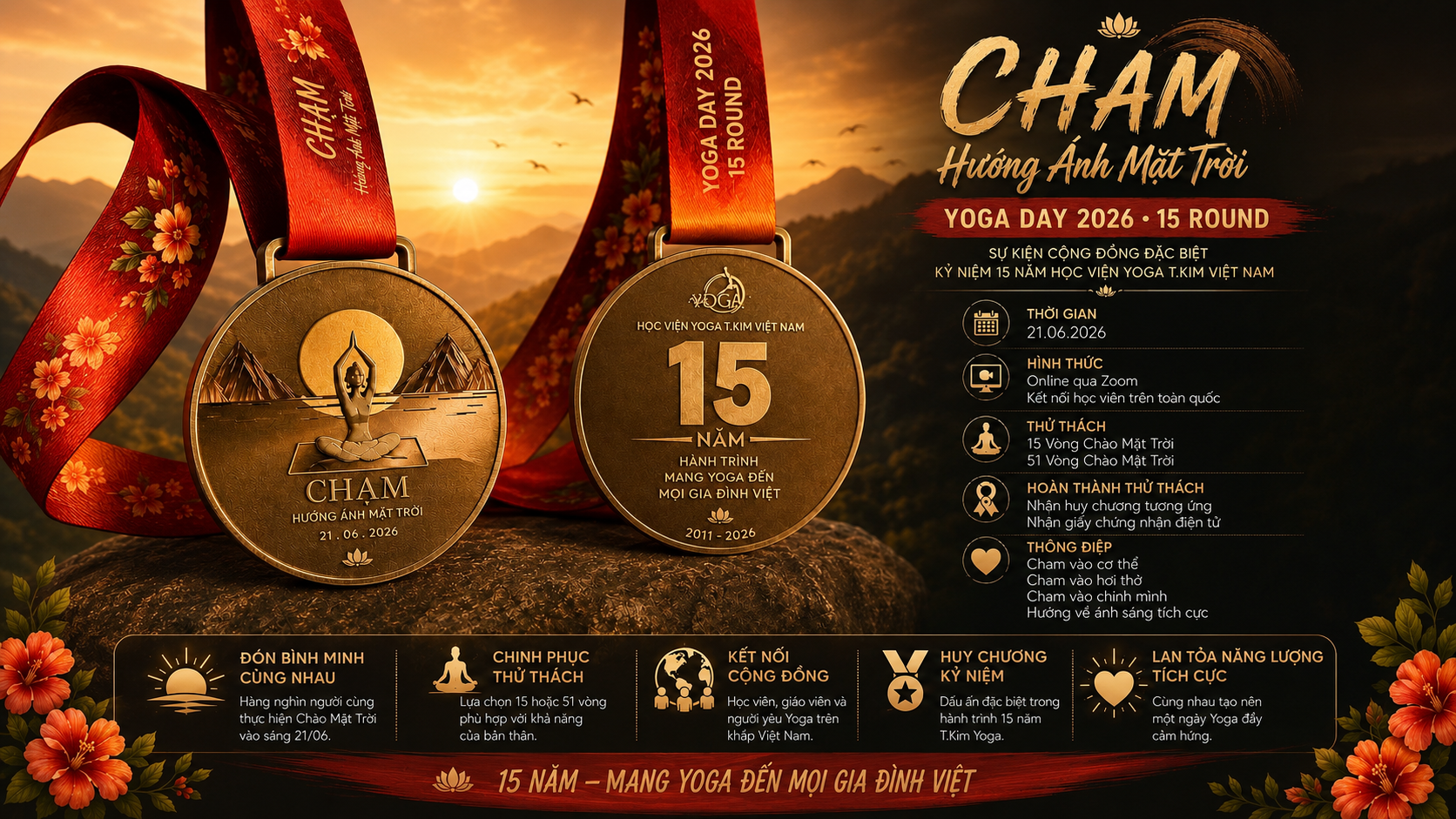 Huy Chương Kỷ Niệm 15 Năm T.Kim Yoga — Phiên Bản Giới Hạn Chỉ Có Tại Hướng Ánh Mặt Trời 21/06 6 Infographic huy chương kỷ niệm 15 năm T.Kim Yoga Hướng Ánh Mặt Trời Yoga Day 21/06/2026 với 5 đặc trưng sự kiện