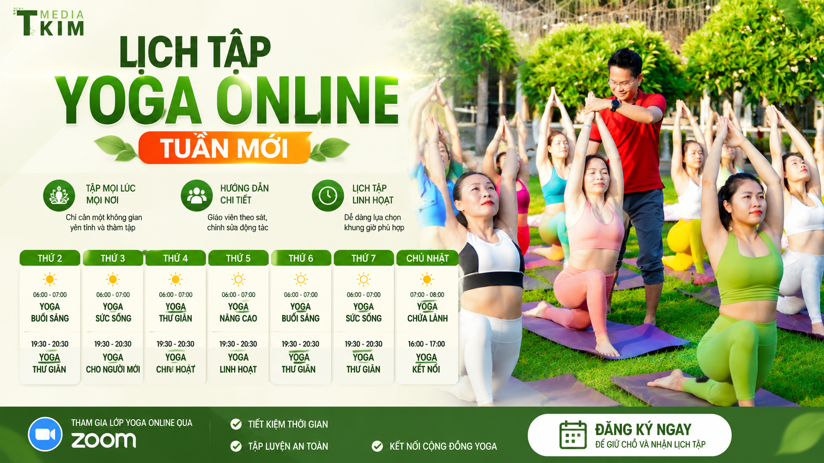 Lịch Tập Yoga Online Tuần Mới Tháng 06/2026 Tại T.Kim Yoga 6 Hình ảnh minh hoạ Lớp Yoga Online qua Zoom tại Học viện Yoga T.Kim Việt Nam — thực tế gần 40 khung giờ mỗi ngày từ 5h sáng đến 21h tối, chủ đề tuần Đôi chân chắc khoẻ dẻo dai