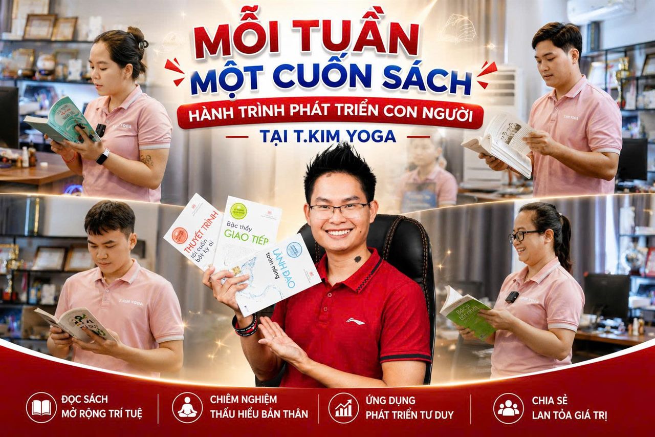 Đội ngũ Học viện Yoga T.Kim cùng nhau đọc sách trong hoạt động Mỗi Tuần Một Cuốn Sách - hành trình phát triển con người