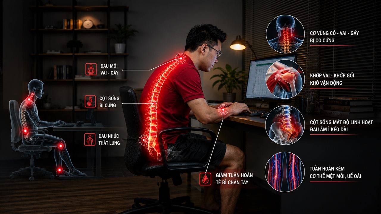 Tê Tay Chân Về Đêm: Không Chỉ Do Thiếu Canxi Hay Chèn Ép Thần Kinh 8 Ngồi nhiều ít vận động khiến cột sống cứng, tuần hoàn giảm, tê bì chân tay