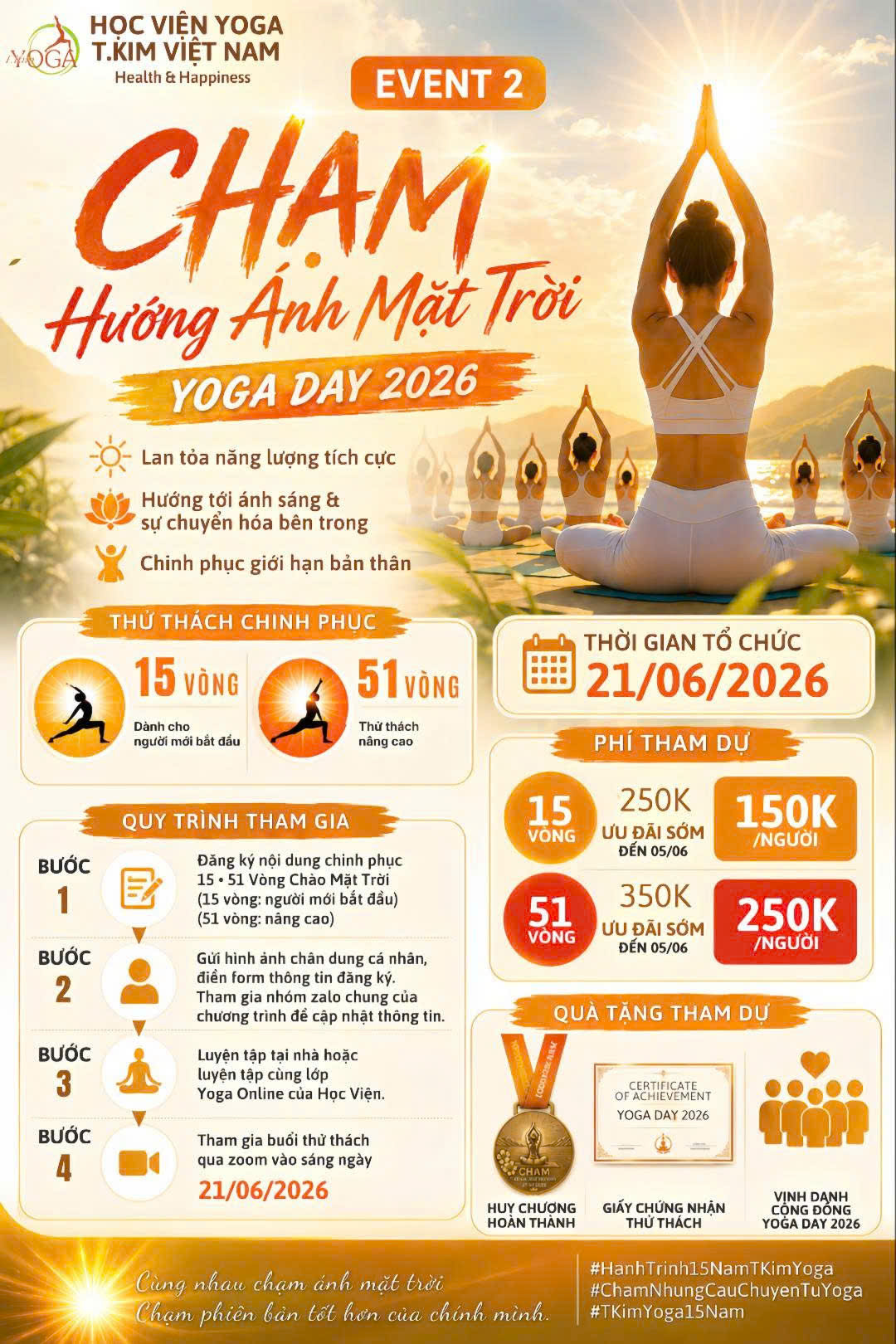 Chuỗi Sự Kiện Kỷ Niệm 15 Năm T.Kim Yoga — 3 CHẠM Đặc Biệt 2026 8 Event 2 — CHẠM Hướng Ánh Mặt Trời — Yoga Day 2026