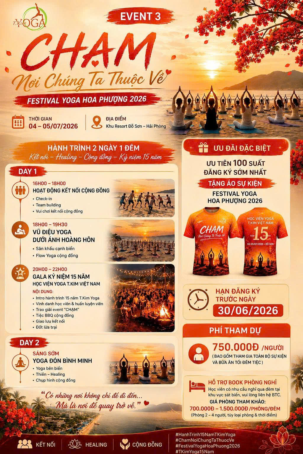 Chuỗi Sự Kiện Kỷ Niệm 15 Năm T.Kim Yoga — 3 CHẠM Đặc Biệt 2026 9 Event 3 — Festival Yoga Hoa Phượng 2026 — Resort Đồ Sơn Hải Phòng