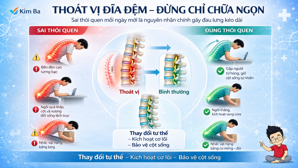 Poster minh hoạ thoát vị đĩa đệm do Chuyên gia Đặng Kim Ba chia sẻ — so sánh SAI thói quen (bê đèn cao lưng bạc, ngồi quá thấp, nhấc vật nặng bằng lưng) và ĐÚNG thói quen (gập người từ hông, ngồi thẳng kích hoạt cơ core, nhấc vật nặng bằng cơ mông-đùi) để bảo vệ cột sống