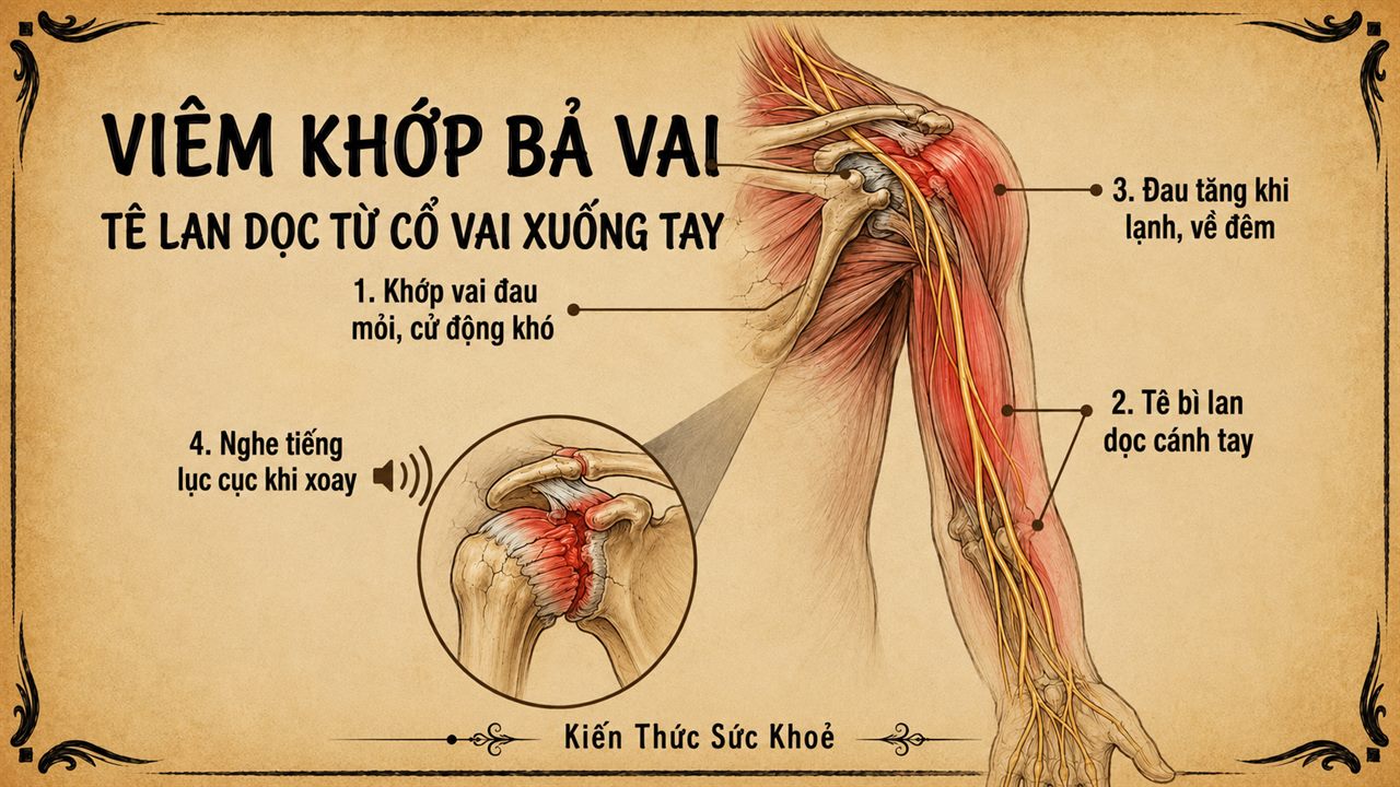 Đau Vai Hay Thoái Hoá Cổ? 4 Dấu Hiệu Nhận Biết & Yoga Phục Hồi Khớp Vai 6 Infographic viêm khớp bả vai: 4 dấu hiệu nhận biết — đau mỏi khớp vai cử động khó, tê bì lan dọc cánh tay, đau tăng khi lạnh về đêm, nghe tiếng lục cục khi xoay vai