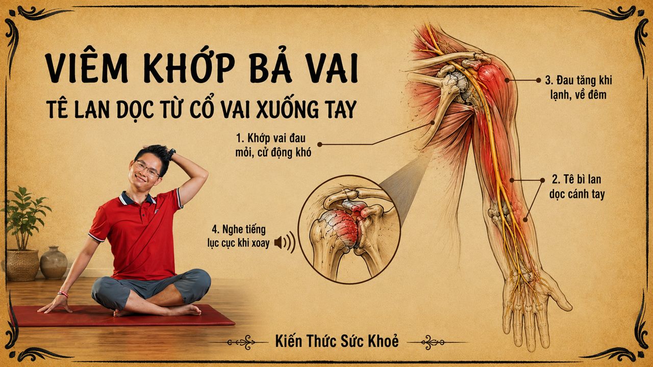 Đau Vai Hay Thoái Hoá Cổ? 4 Dấu Hiệu Nhận Biết & Yoga Phục Hồi Khớp Vai 7 Đặng Kim Ba minh hoạ động tác kiểm tra khớp vai bên cạnh sơ đồ giải phẫu viêm khớp bả vai với 4 dấu hiệu tê lan từ cổ vai xuống tay