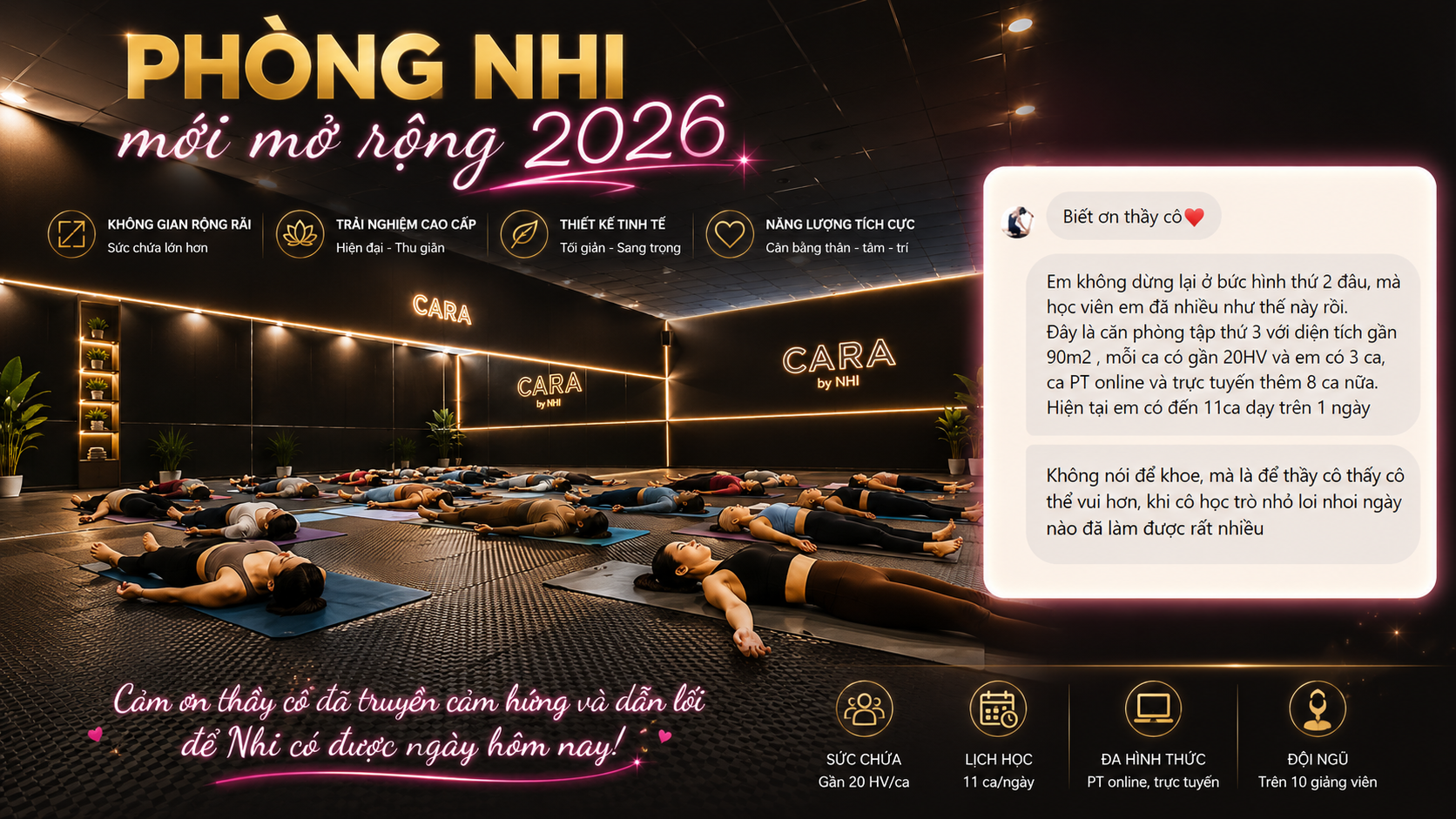 Yến Nhi Yoga - Rời Trà Vinh, Vượt 1.000km Một Mình: Khi Can Đảm Làm Nên Một HLV Yoga 9 Phòng tập Yoga CARA by Nhi của HLV Yến Nhi mới mở rộng 2026 gần 90m2, 11 ca dạy mỗi ngày