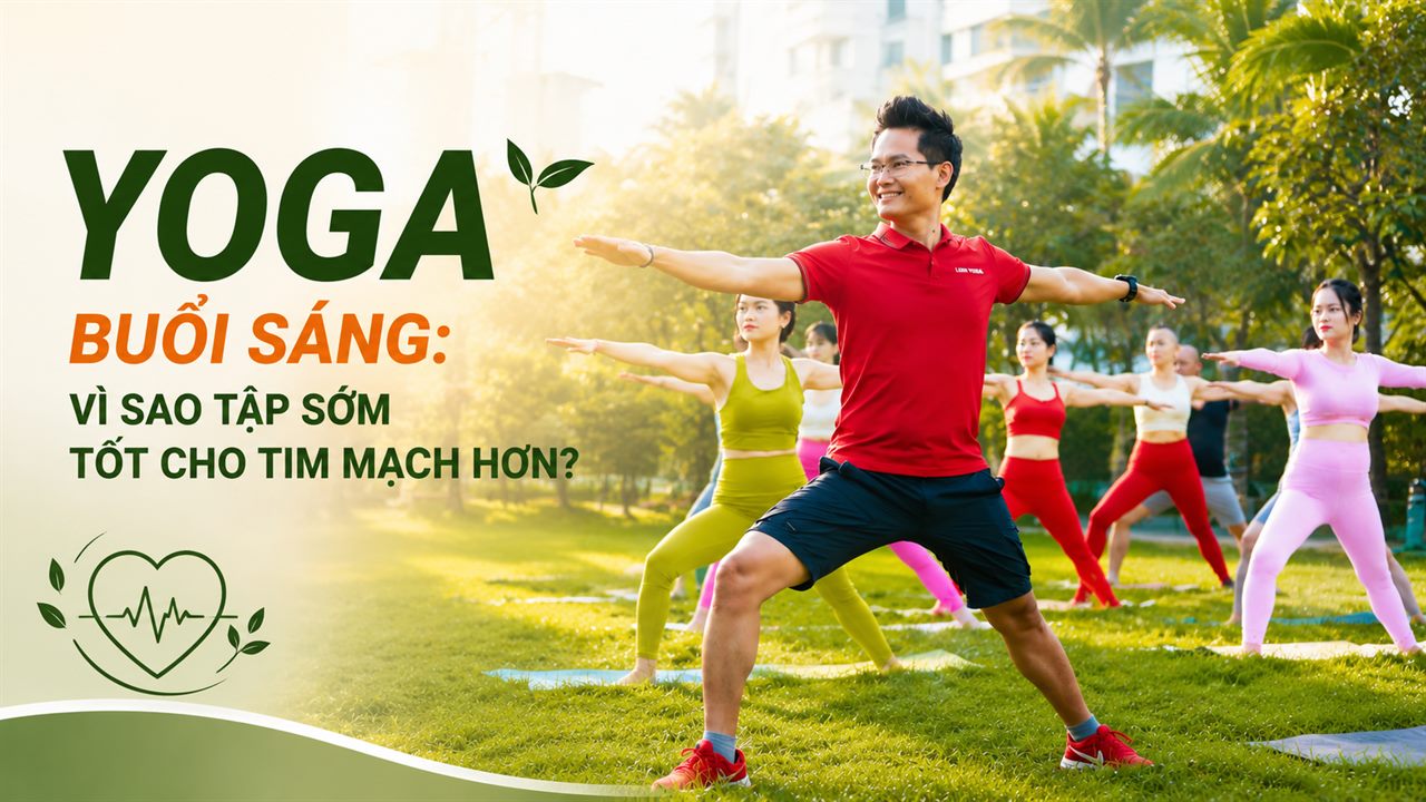 Yoga Buổi Sáng: Vì Sao Tập Sớm Tốt Cho Tim Mạch Hơn? Góc Nhìn Khoa Học 6 Đặng Kim Ba cùng học viên tập Yoga tư thế chiến binh ngoài trời buổi sáng - Yoga buổi sáng tốt cho tim mạch