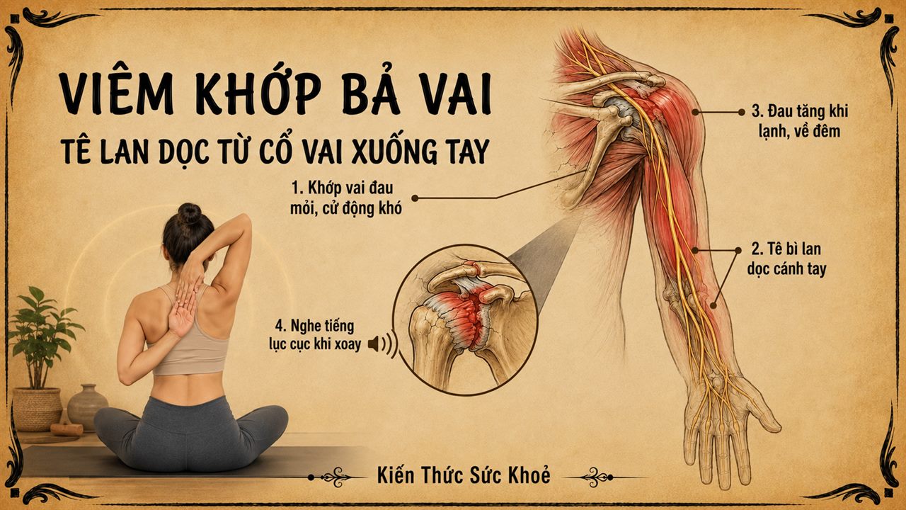 Đau Vai Hay Thoái Hoá Cổ? 4 Dấu Hiệu Nhận Biết & Yoga Phục Hồi Khớp Vai 8 Người tập Yoga kéo giãn vai sau lưng bên cạnh minh hoạ giải phẫu viêm khớp bả vai với các vùng tê lan từ cổ vai xuống tay