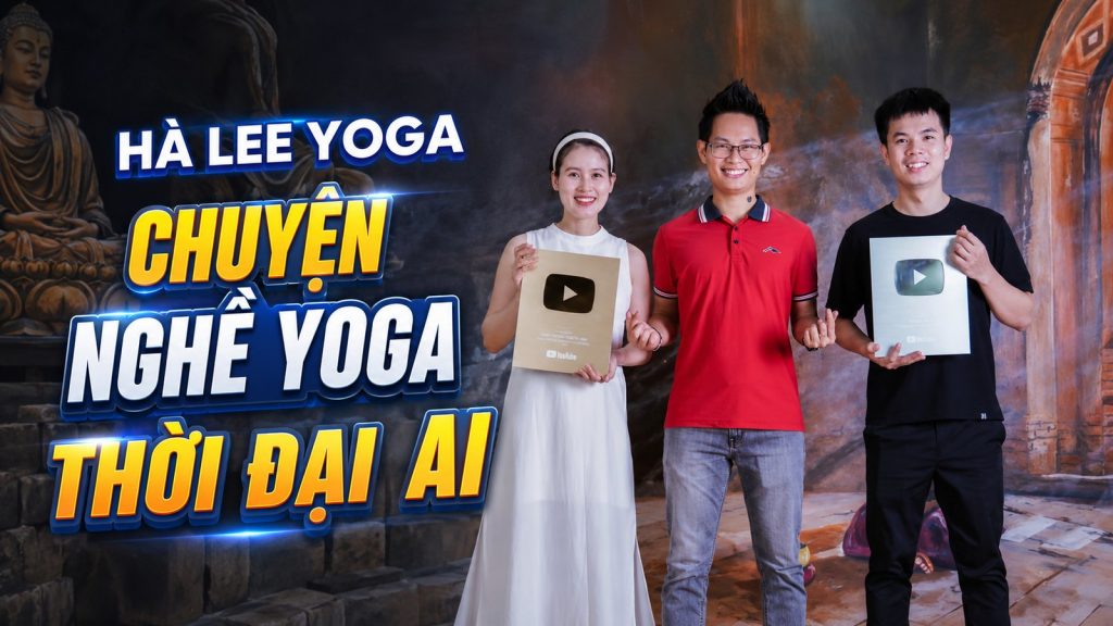 Cô giáo Hà Lee Yoga và chồng Lê Văn Hùng chụp cùng nhà đào tạo Đặng Kim Ba