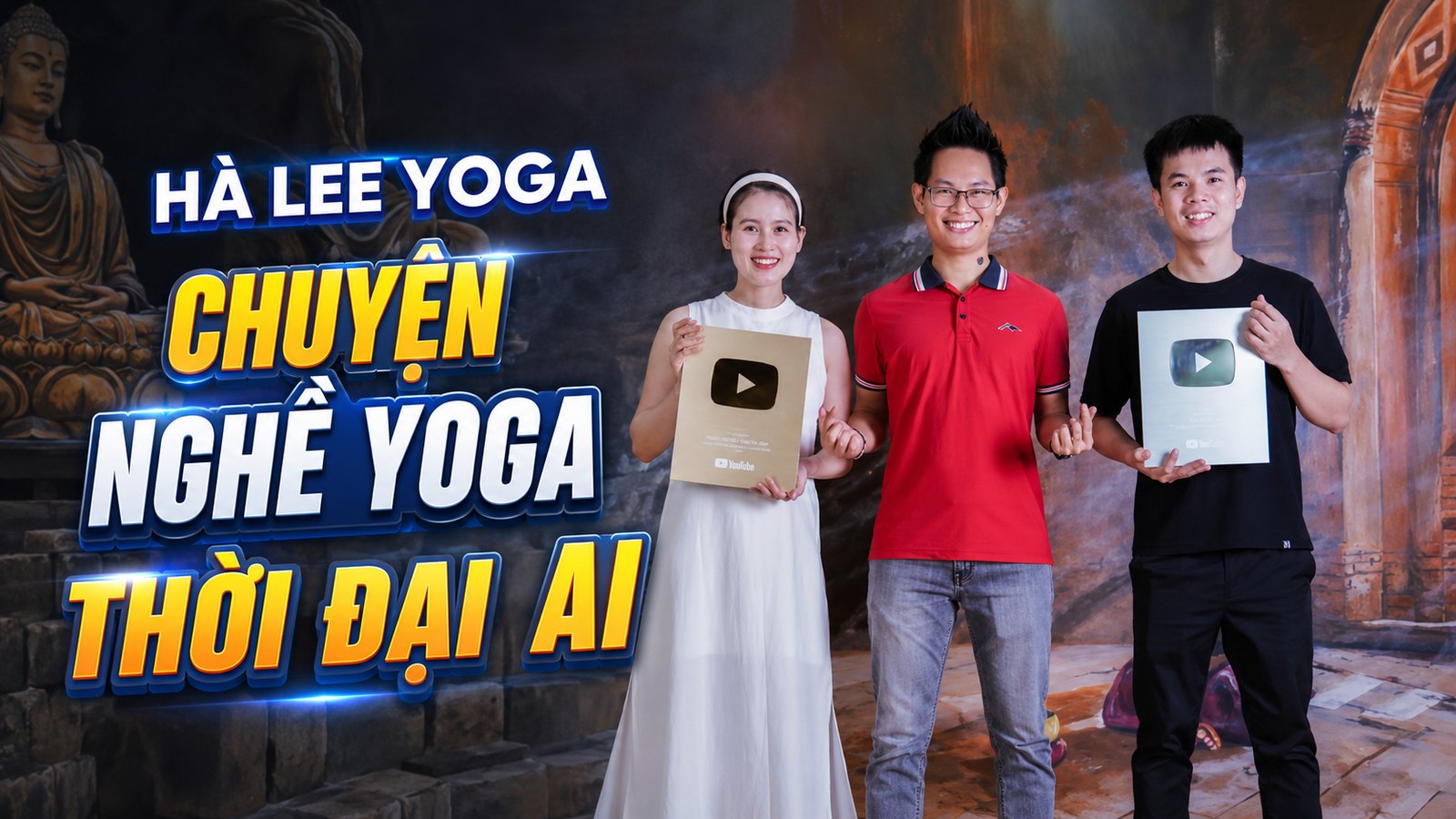 Cô giáo Hà Lee Yoga và chồng Lê Văn Hùng chụp cùng nhà đào tạo Đặng Kim Ba