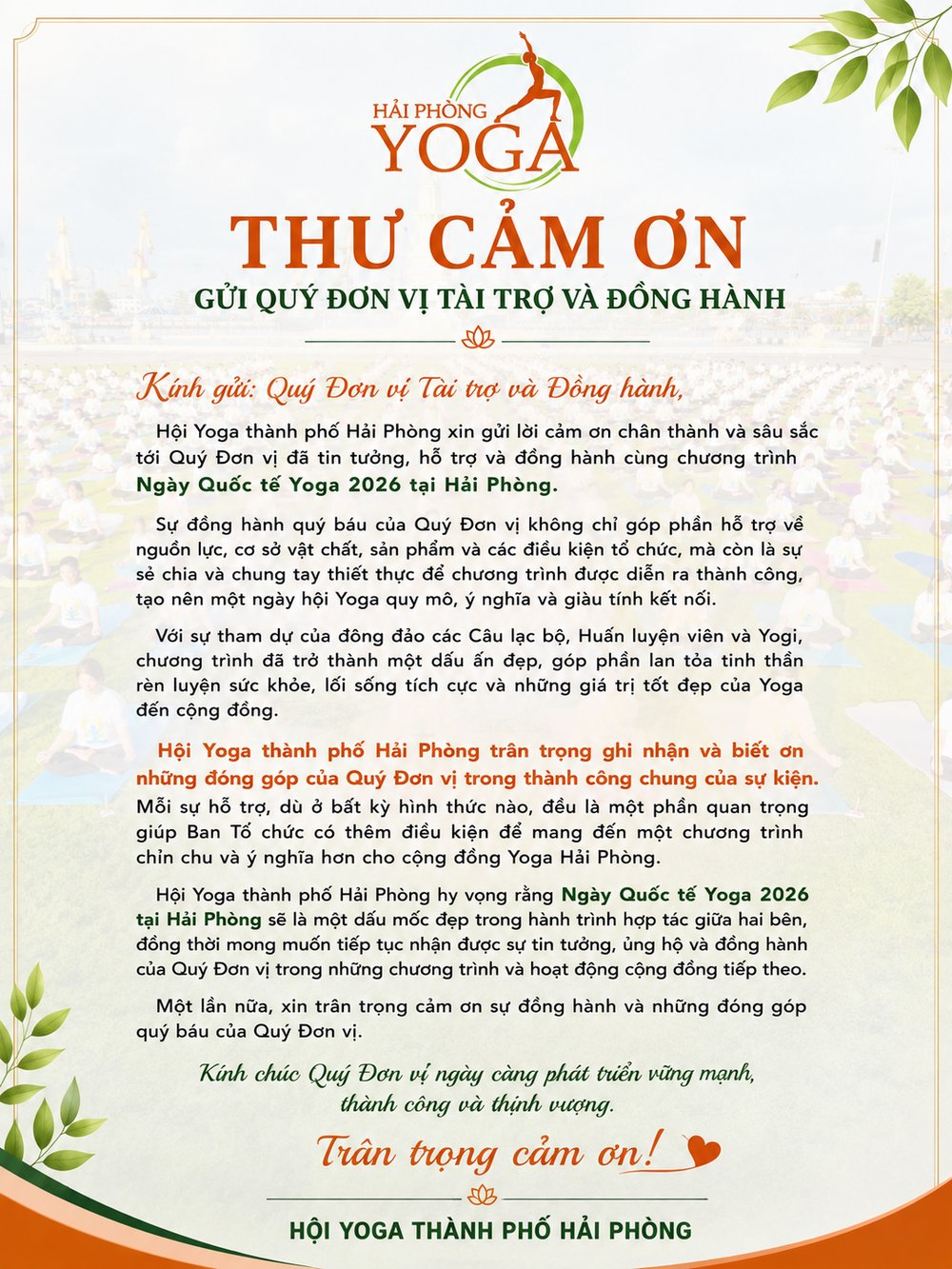 Hội Yoga Hải Phòng Gửi Lời Cảm Ơn Các Đơn Vị Đồng Hành — Ngày Quốc Tế Yoga 2026 7 Toàn văn thư cảm ơn của Hội Yoga thành phố Hải Phòng gửi các đơn vị tài trợ và đồng hành Ngày Quốc tế Yoga 2026
