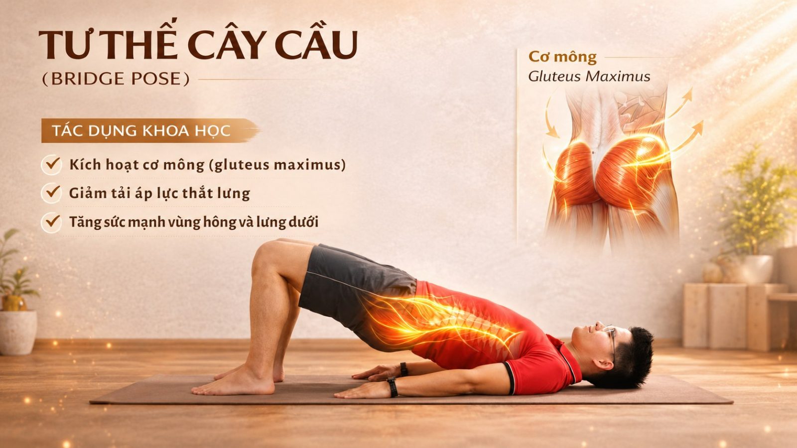 Người Ngồi Nhiều, Đau Lưng Kéo Dài? Đừng Bỏ Qua Tư Thế Yoga Này 7 Tư thế Cây Cầu Bridge Pose kích hoạt cơ mông giảm áp lực thắt lưng - Học viện Yoga T.Kim