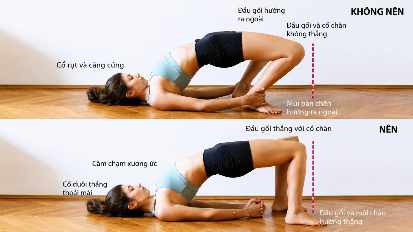Người Ngồi Nhiều, Đau Lưng Kéo Dài? Đừng Bỏ Qua Tư Thế Yoga Này 8 Tư thế Cây Cầu so sánh cách tập đúng và sai để tránh lỗi thường gặp