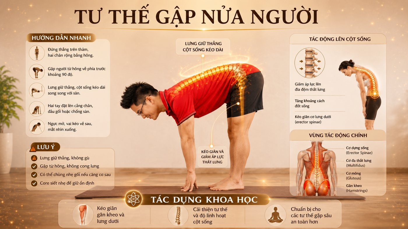 Tư thế gập nửa người giữ lưng thẳng vươn dài cột sống trong yoga