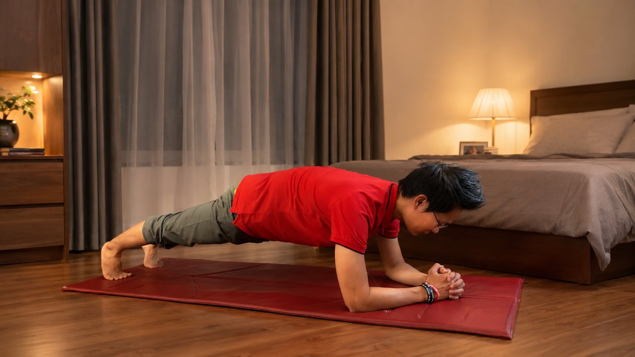 10 phút yoga trước khi đi ngủ mang lại những lợi ích gì? 8 Đặng Kim Ba giữ tư thế tấm ván (plank) minh hoạ động tác cường độ cao nên tránh sát giờ ngủ