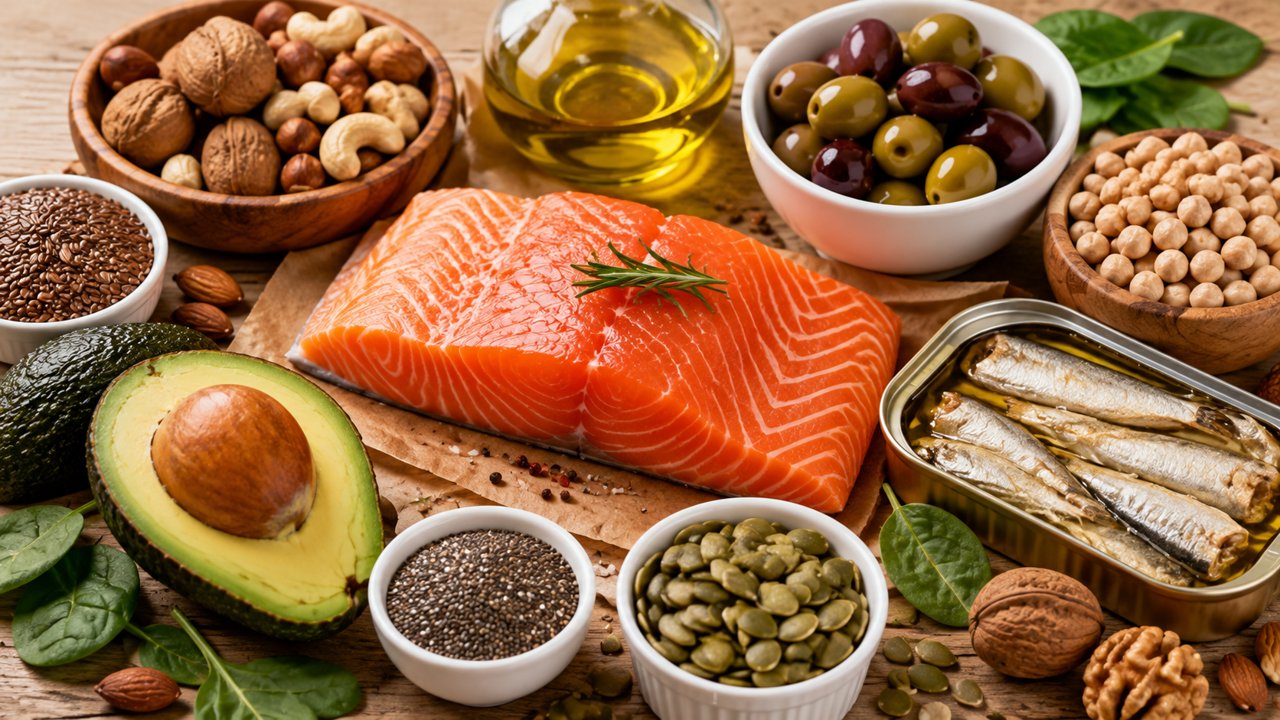 Thực phẩm giàu omega-3 cho khớp gối gồm cá hồi, cá mòi, hạt lanh, hạt chia, óc chó