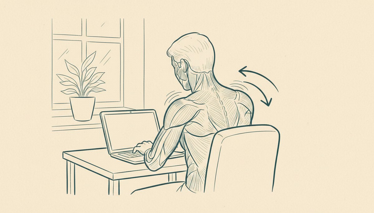 Lịch tập lớp Yoga Online T.Kim tuần 21–27/9/2026: Khoẻ tay vai, giảm đau mỏi cổ vai gáy 7 Minh hoạ vẽ tay: người ngồi máy tính với vùng cổ vai gáy căng cứng, mũi tên chỉ hướng xoay vai ra sau và xuống