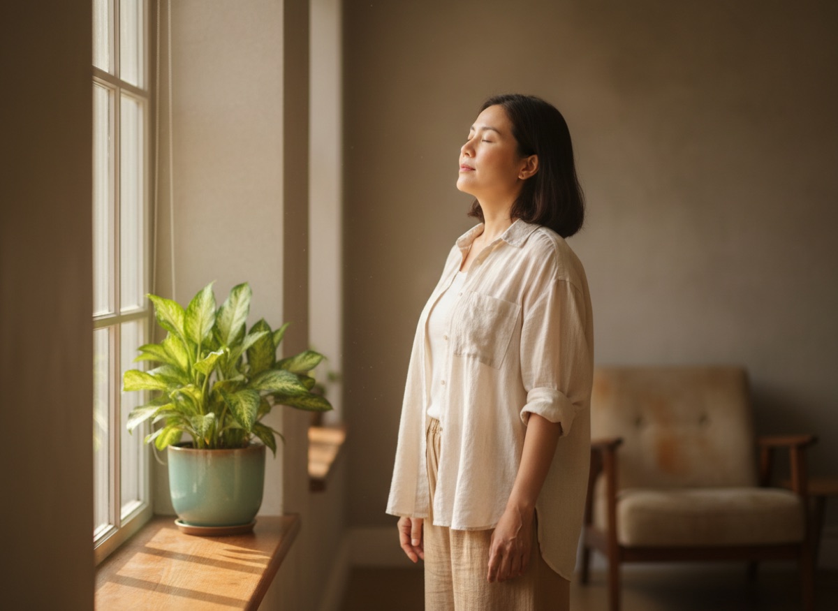 Hít thở sâu đúng cách: "sâu" không có nghĩa là "to" 8 Người phụ nữ đứng bên cửa sổ buổi sáng, mắt nhắm, vai thả lỏng, hít một hơi chậm trước khi bắt đầu ngày mới