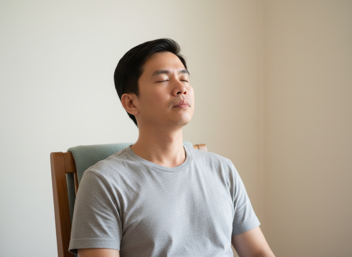 Hít thở sâu đúng cách: "sâu" không có nghĩa là "to" 6 Người đàn ông ngồi trên ghế, mắt nhắm, vai thả lỏng và không nhô lên, ngực yên — hít thở sâu đúng cách trông êm chứ không mạnh