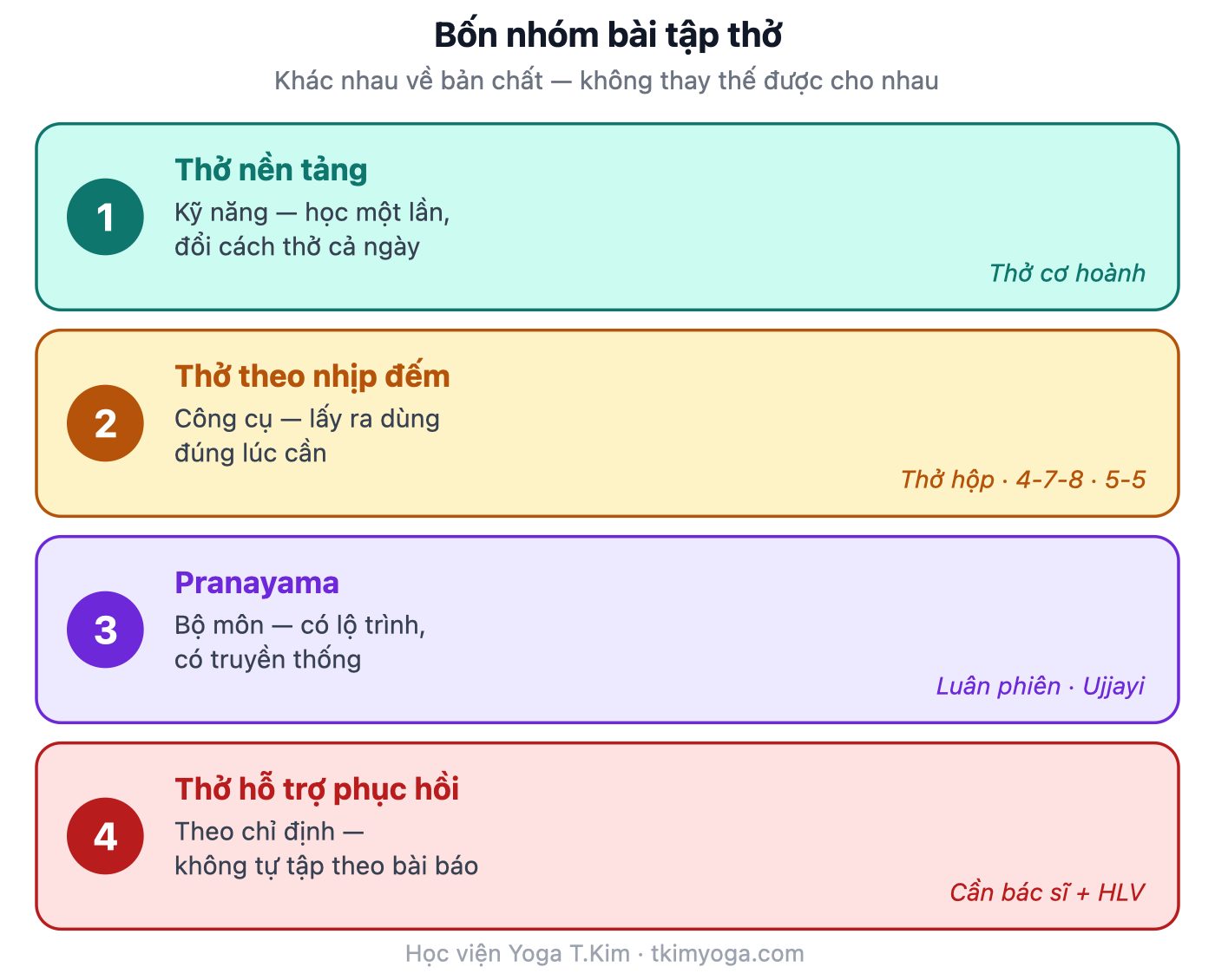 Bài tập thở: có mấy loại và nên bắt đầu từ bài nào? 7 Sơ đồ bốn nhóm bài tập thở: thở nền tảng (thở cơ hoành), thở theo nhịp đếm (thở hộp, 4-7-8, 5-5), pranayama (thở luân phiên, ujjayi) và thở hỗ trợ phục hồi