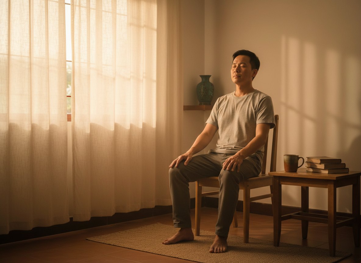 Pranayama là gì? Thở trong Yoga, nói cho dễ hiểu 6 Người đàn ông ngồi trên ghế thường, lưng thẳng tự nhiên, mắt nhắm và thở chậm — pranayama không cần tư thế cầu kỳ hay không gian đặc biệt