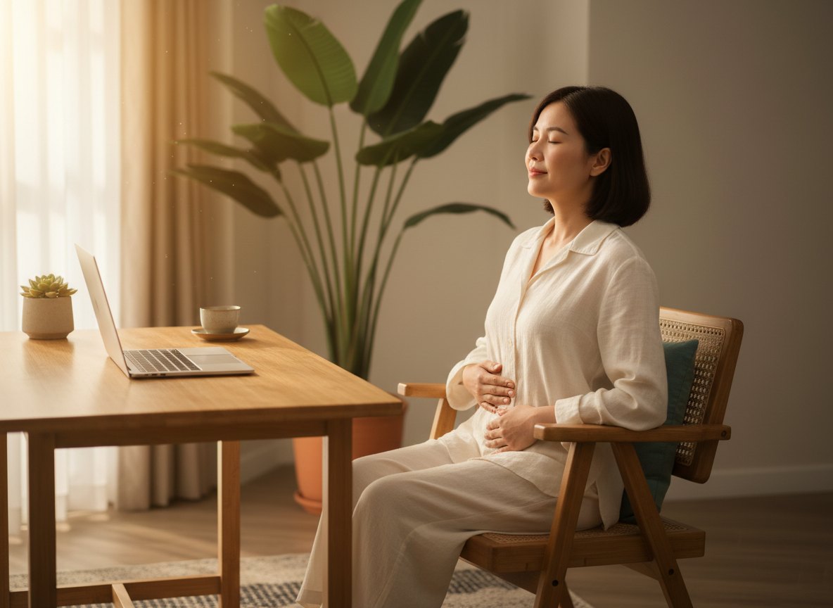 Thở cơ hoành (thở bụng): cách tập đúng và tự kiểm tra trong 5 phút 7 Người làm văn phòng ngồi thẳng lưng, thả lỏng vai, đặt tay lên bụng và thở chậm — tập thở cơ hoành giữa giờ làm