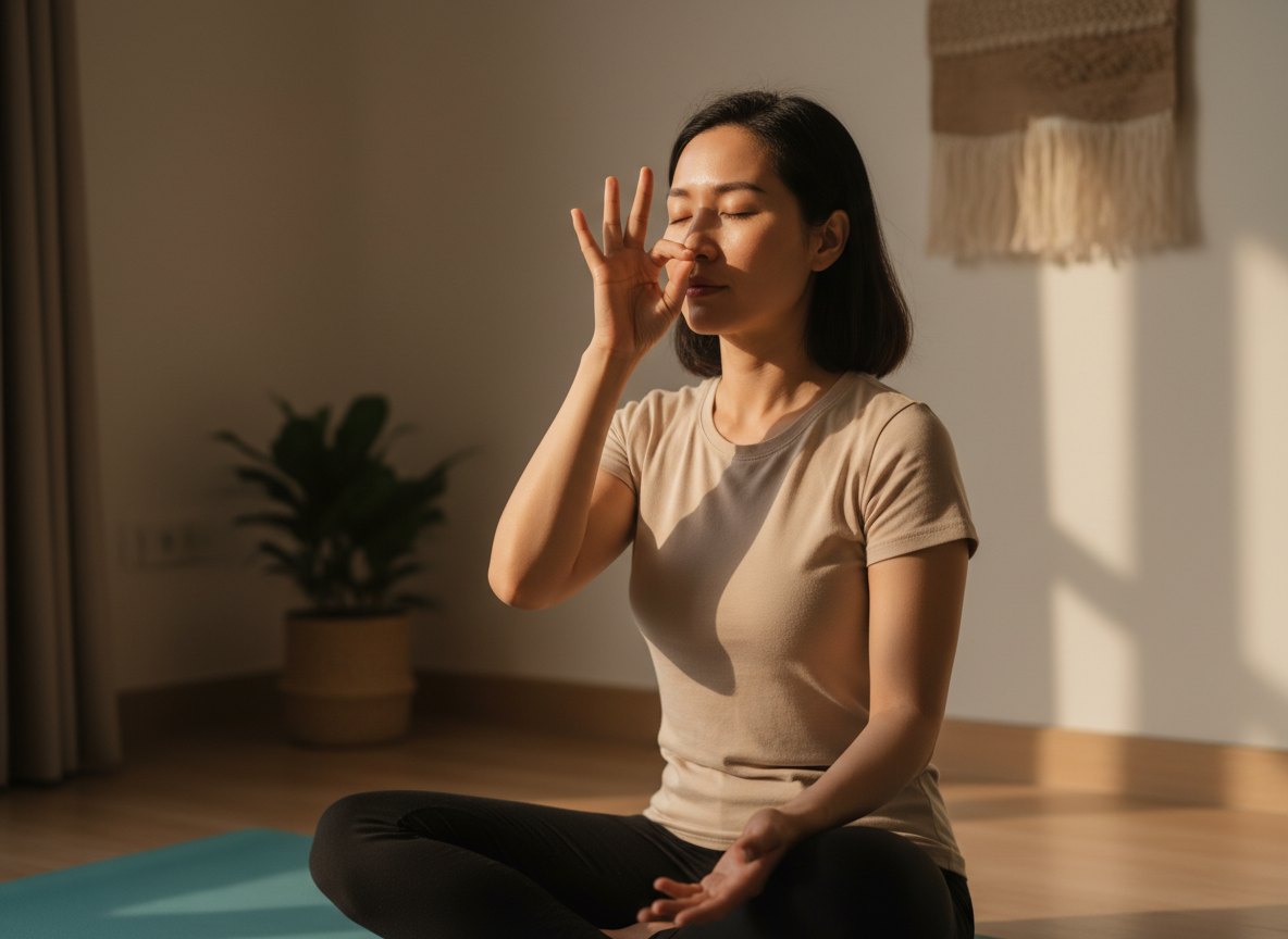 Pranayama là gì? Thở trong Yoga, nói cho dễ hiểu 9 Tư thế tay khi tập thở luân phiên hai mũi Nadi Shodhana: ngón cái chặn một bên mũi, ngón áp út chặn bên còn lại, vai thả lỏng